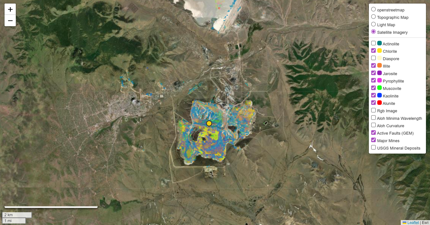 OreVision probabilistic alteration map over a Mongolian copper district from NASA EMIT